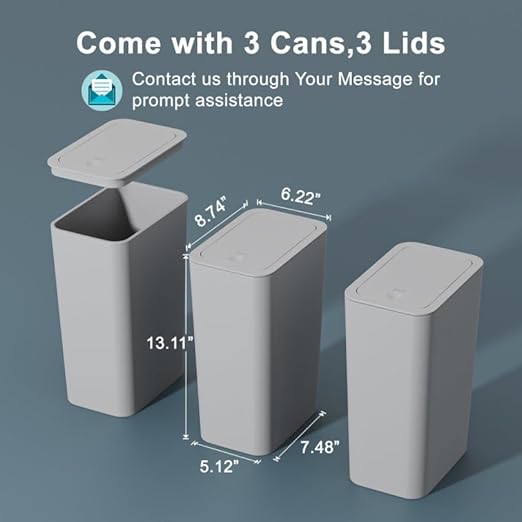 3 Pack 10 Liter / 2.6 Gallon Bathroom Trash Can, Small Trash Can with Lid, Garbage Can Waste Basket for Bathroom, Kitchen, Bedroom, Powder Room, Craft Room, Office, College (Gray)