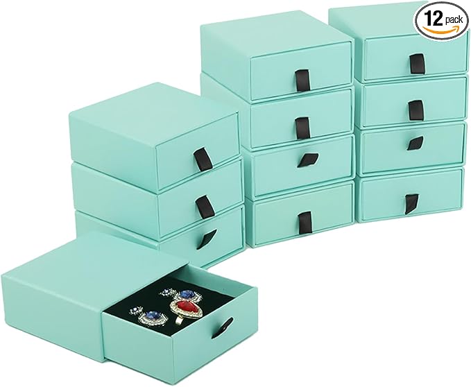 Nsmykhg Jewelry Gift Box Velvet-Lined,12 Pack Compact Drawer Style for Earrings & Rings, Necklace & Bracelet Organizer, 3.93x3.93x1.65 Inches, Stackable Elegant Jewelry Display & Storage Box (Blue)