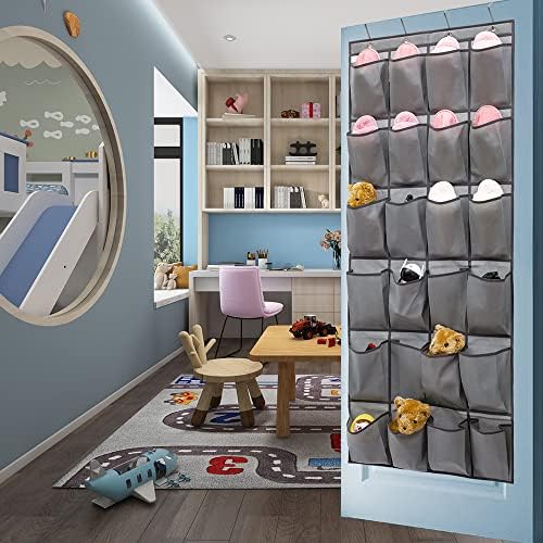 Over The Door Hanging Shoe Organizer Shoe Rack Hanger 24 Large Fabric Pockets Holder with 4 Sturdy Hooks (GREY) - Image 3