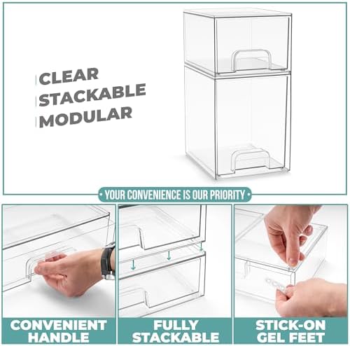 Sorbus Clear Stackable Storage Drawers (2 Pack, 7.6'' and 4.4'' Tall) - Image 5