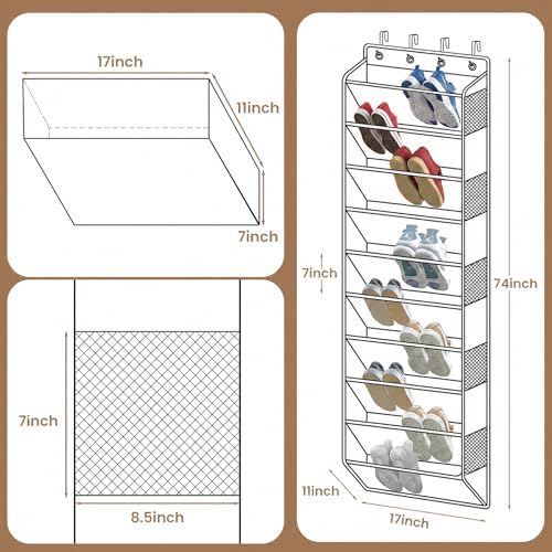 10-Tier Over The Door Organizer with 4 Anti-Scratch Silicone Hooks & 10 Side Pockets, Hanging Shoe Organizer for Closet (20 Pairs), Behind the Door Storage - Image 5