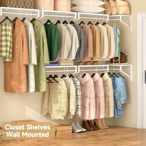 ThreeHio Expandable Closet Shelves Wall Mounted, 3 Pack Closet Shelving with Hanging Rods, Wall Shelving for Walk-in Closet, Hanging Shelves Organizer and Storage for Closet, Laundry - Image 2