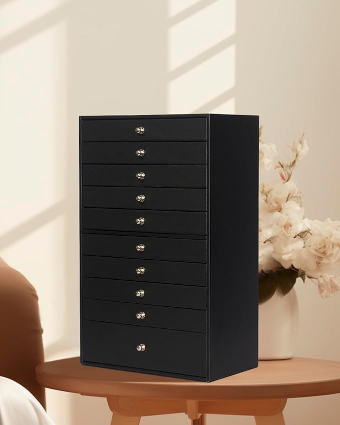 GUKA Large Jewelry Box, Jewelry Case with 10 Drawers for Big and Small Jewelry, Jewelry Storage Organizer for Watch Earrings Necklace Rings Bracelets, Birthday Wedding Gifts, Black