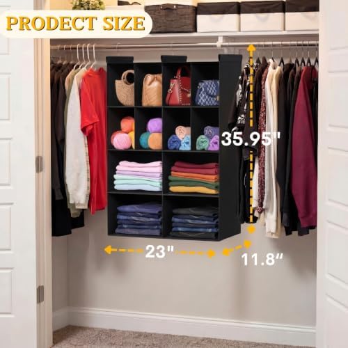 4 Tier Hanging Closet Organizer, 12 Compartments Dual Row Storage, Black - Image 3