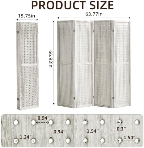 4 Panel Pegboard Display with 16 Hooks, Wooden Room Divider Wall and Folding Privacy Screens, Partition Room dividers, Pegboard Room Divider, Jewelry Store, Retail Store, Bedroom, White - Image 2