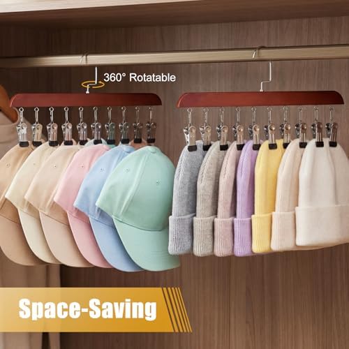 Novabright 2 Pcs Closet Organizer with 10 Clips Wooden Hat Rack for Closet, Space-Saving Hanging Organizer, Multipurpose Storage Display Accessory for Beanies, Ties, and Socks (Brown) - Image 4