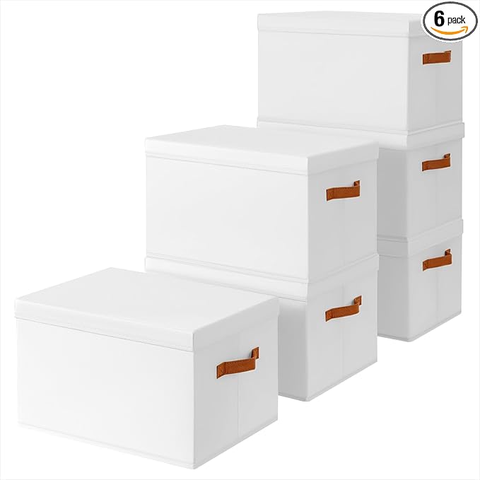 Homsorout Storage Bins with Lids - Large Fabric Closet Bins with Lid, 6 Pack Clothes Organizers and Storage, Collapsible Stackable Cube Basket for Home, Office, Dorm, White