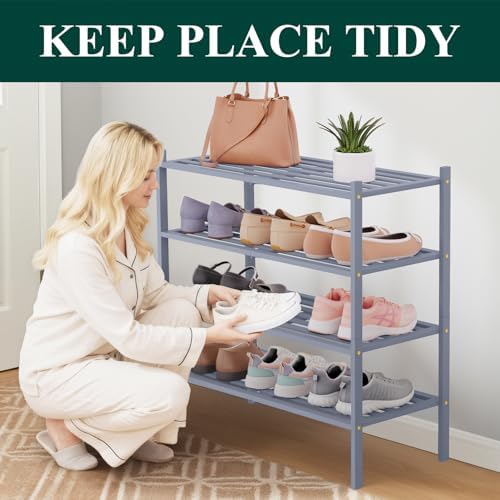 Smiry Bamboo Shoe Rack, 5 Horizontal Slats, 4 Tier - 26.8" Wide, Grey - Image 3
