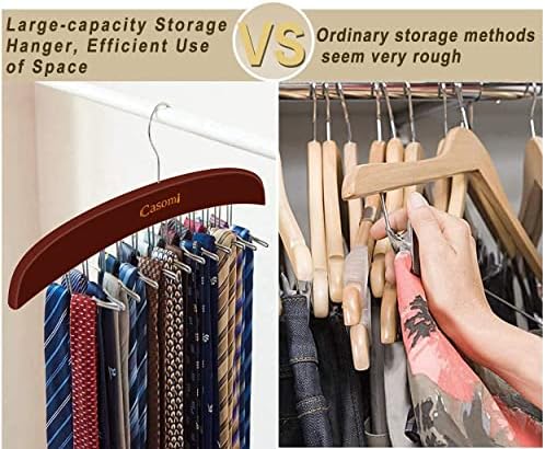 Tie Rack,24 Hook Tie Holder,360° Rotating,Foldable Metal Hooks,Tie Hanger Organizer for Closet Wooden Belt Storage Rack for Men Ties Belts Scarves Accessories(Red Brown) - Image 3