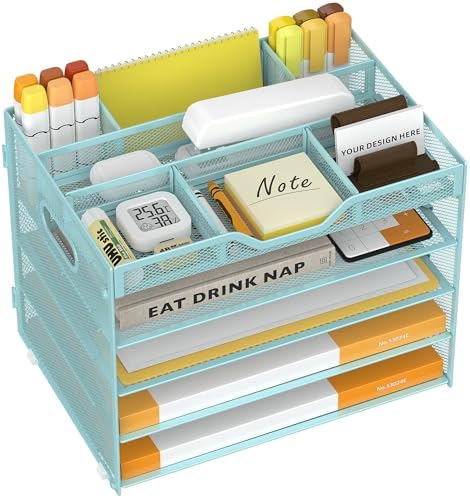 5 Tier Paper Letter Tray Desk Organizer with Pen Holders - Blue by OrgMate