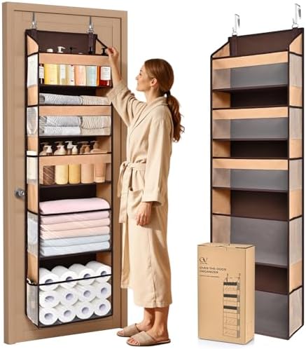 5 Tiers Over Door Organizer with 10 Mesh Side Pockets, 44 lbs Weight Capacity Hanging Storage Organizer with Clear Window Kids Toys, Shoes, Diapers, Brown by ORDOVIBE