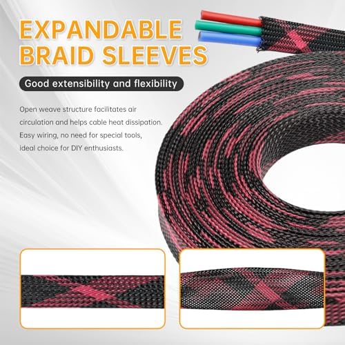 Braided Cable Sleeve, 33ft Expandable Wire Loom for Automotive Wiring Harness & PC Case, Pet-Proof Chew Resistant Cord Protector, Flexible Cable Management (Black-Pink, 10mm (3/8")) - Image 2