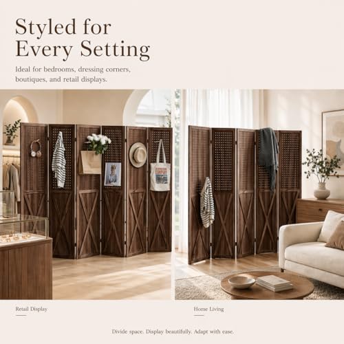6 Panel Wood Pegboard Room Divider Folding Privacy Screen Brown - Image 4