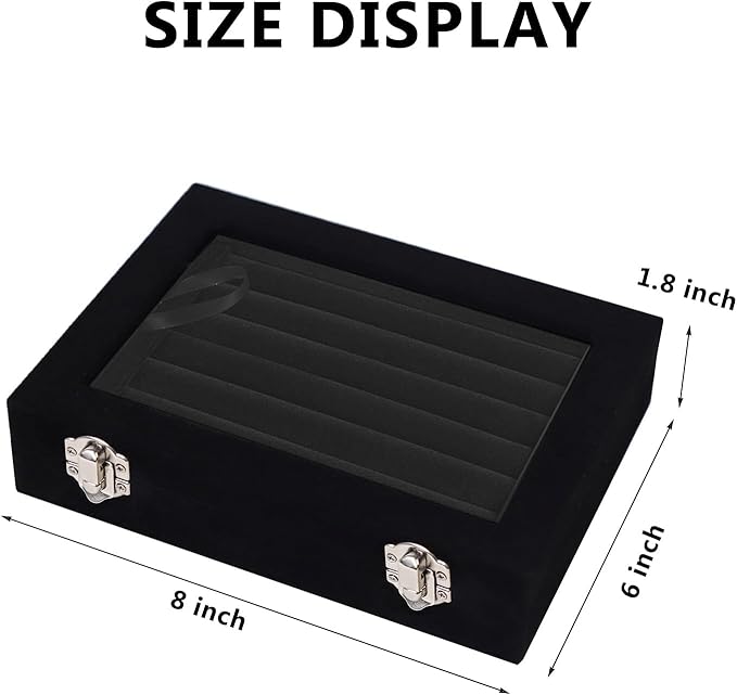 Jewelry Box Rings Organizer Tray 7 Slots Velvet Jewelry Earring Storage Box With Transparent Lid Jewelry Display Case for Girls Women (Black)