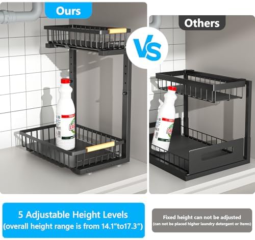 Merrylun Under Sink Organizers, 5 Adjustable Height,Metal Pull Out Under Sink Organizers and Storage Shelves with Sliding Drawer, Black 1pack（Hight 13.6″-16.9″） - Image 5