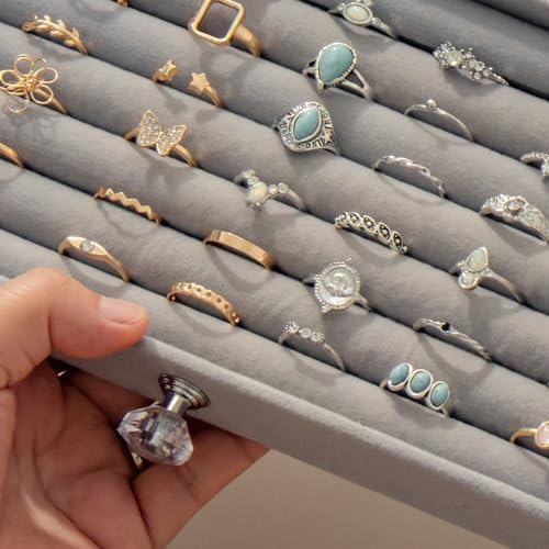 SPAKOWN Ring Box Display Holder, Clear Velvet Jewelry Storage Tray Organizer for Ring Stud Earring (Grey - 3 Drawers) - Image 5