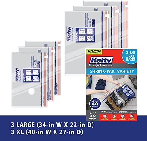 Hefty Shrink-Pak Vacuum Storage Bags - Space Saver for Under Bed Storage, Clothing and Comforters, Odor Resistant, 3X More Storage Space - 3 Large, 3 XL Bags - Image 3