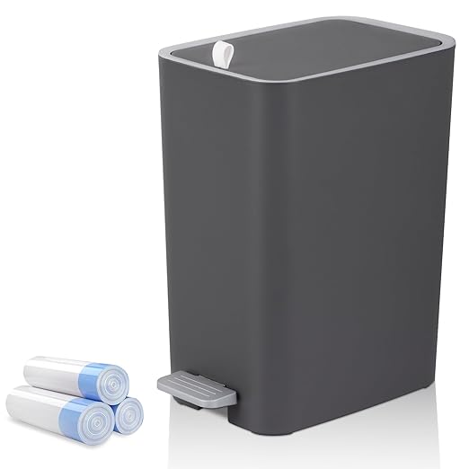 rejomiik Small Bathroom Trash Can with Lid, 2.1 Gallon Step Garbage Can with Handle, Slim Mini Wastebasket Bin for Bedroom, Office, Dorm, Dark Gray