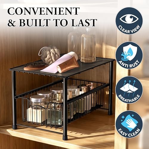 Simple Houseware Wired Stackable Under Sink Cabinet Sliding Basket, Black - Image 5