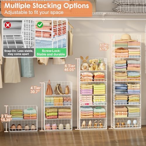 8 Tier Extended Width Hanging Closet Organizer, Sweater Storage for Closet Organizer System, Stackable Wire Basket Bins for Clothes Purse Shoes, Hanging Shelves with 4 Hooks & 4 Dividers Adjustable - Image 3