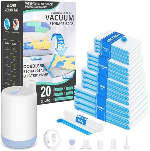 Travel Vacuum Bags with Rechargeable Cordless Pump, 20 Pack Vacuum Seal Bags for Clothing Travel Compression, Space Saver Vacuum Storage Bags for Clothes, Blanket, Bedding, Pillows, Comforters by Unknown
