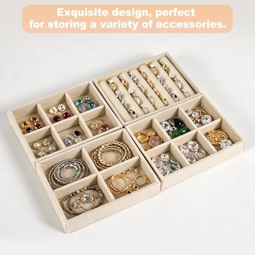 Small 8-Piece Velvet Jewelry Drawer Organizer Inserts Stackable Trays,Beige - Image 7