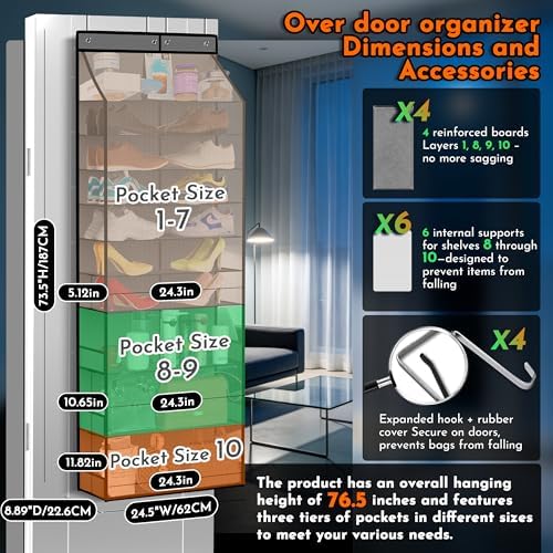 PAULONE Over the Door Organizer Heavy Duty – 96 Lbs Capacity 20 Pair Shoe Rack with Multi-Size Pockets Fits Tall Boots up to 11.8", Breathable Mesh, Metal Hooks – Also for Bags, Toys, Toiletries - Image 2