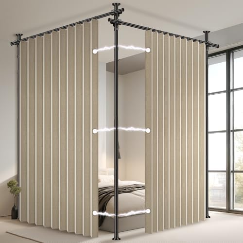 100% Blackout Room Divider Curtains Sets Beige W100 x L96 in,2 Panels Curtain Rods No Drilling Adjustable Tension (H) 43-120×(W) 35-200 in for Bedroom Privacy Partition Separator by AJAZZ