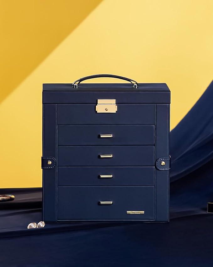 Homde Mothers Day Gifts Synthetic Leather Huge Jewelry Box Mirrored Watch Organizer Necklace Ring Earring Storage Lockable Gift Case (Dark Blue + Gold)