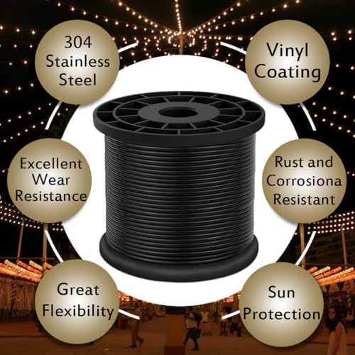 Vinyl Coated Wire Rope 304 Stainless Steel Coated Wire Cable-Black, 1/16" OD to 3/32" x 500FT, with 200 Pcs Crimping Sleeves-Cable for String Lights, Suitable for Clotheslines - Image 5