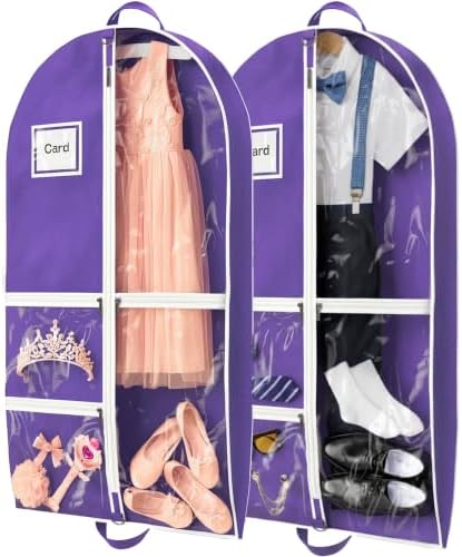 Dance Garment Bag for Hanging Clothes with 3 Zipper Clear Pockets Dance Accessories Essentials Uniform Costume 40 Inch Dress Bags for Dance Competition (Purple White, 2Pack 40") by Hopack