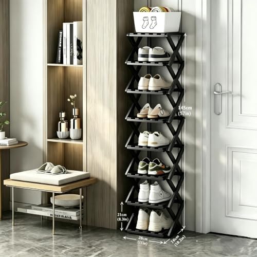 8 Tier Foldable Shoe Rack, Bamboo Vertical Shoe Organizer Tall for Multifunctional Narrow Shoe Shelf for Entryway, Closet, Corner, Bedroom, Hallway(Black) - Image 2