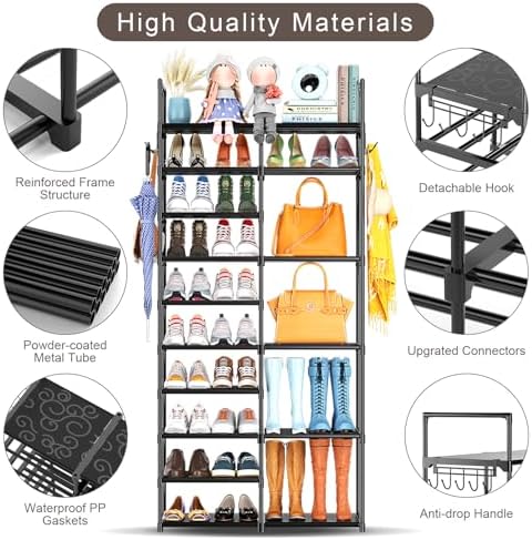 Kottwca 2 Row 10 Tier Tall Shoe Rack Organizer for Closet Entryway, 40-45 Pair Shoe Boot Storage Rack, Metal Shoe Shelf Small Vertical Stackable Shoe Stand for Bedroom Corner - Image 6