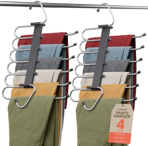 Campior Space Saving Pants Hangers 4 Pack, 6 Layer Jeans Hangers and Closet Organizer for Jeans, Scarves, & Skirts, Multi-Layer Hanger with Anti-Slip Stopper, Heavy-Duty S-Type Stainless Steel, Gray by Campior