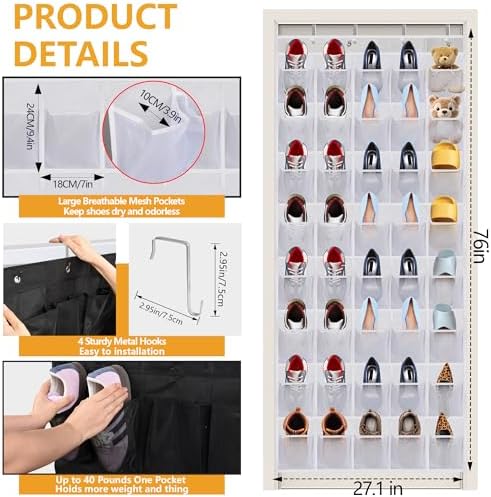 Over the Door Shoe Organizer, 40 Large Mesh Pockets Hanging Shoe Rack Organizer for Closet Behind The Door Storage Holder for Entryway Bedroom Dorm White - Image 2