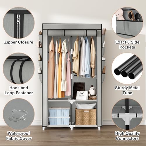 Portable Closet for Hanging Clothes, Portable Wardrobe Closet with Cover, 4 Storage Shelves, 2 Hanging Rods and 8 Side Pockets, Easy Assembly and Sturdy Free Standing Closet for Bedroom, Grey - Image 4