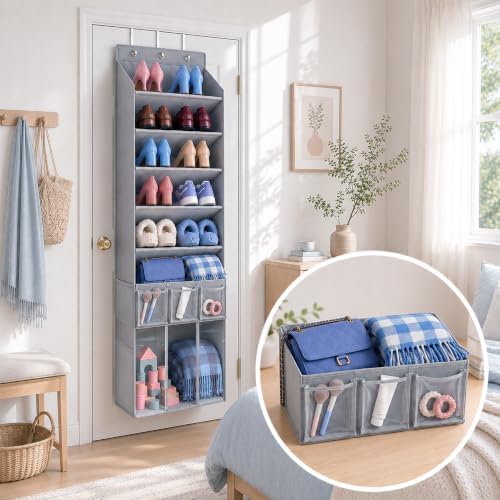 3in1 Over The Door Shoe Organizer with 5 Slanted Compartments,Removable Storage Bin & Transparent Pockets,Thickened Waterproof Oxford Fabric Shoes Rack for Shoes,Boots,Toys,Daily Essentials. (Grey) - Image 2