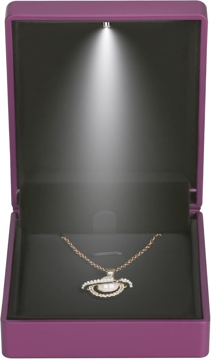LED Light Pendant Necklace Gift Box, Velvet Jewelry Storage Display Case for Proposal Engagement Wedding Anniversary Birthday Valentine's Day (Purple)