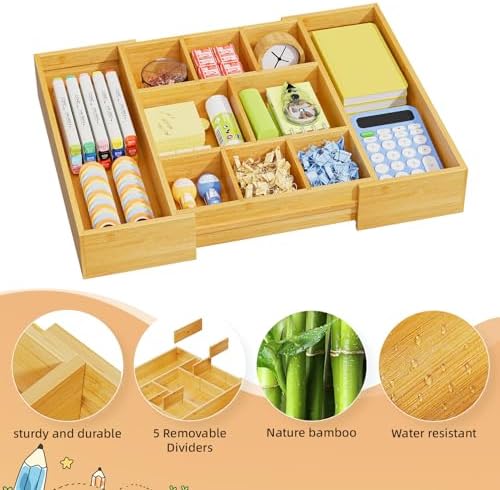 Marbrasse Bamboo Expandable Drawer Organizer, Desk Drawer Organizer Tray with 5 Dividers, Desk Organizers and Accessories, 10 Adjustable Compartments for Office Supplies, Junk, Makeup & Vanity - Image 6