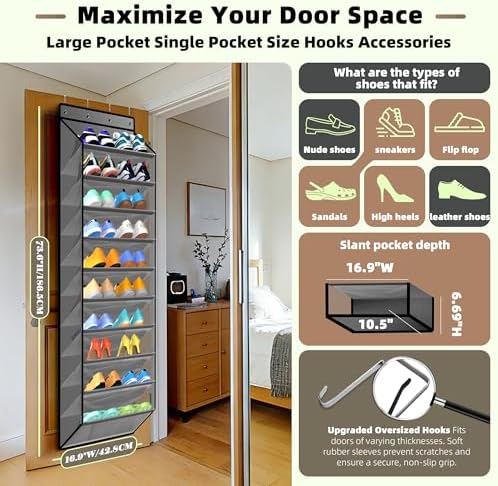 PAULONE 10-Pocket Multi-Use Over the Door Organizer, Heavy Duty 95lbs Capacity with Breathable Mesh, Versatile Hanging Storage for Shoes, Toys, Office Supplies-Classic (Slate Grey, 10-Shelf,) - Image 2