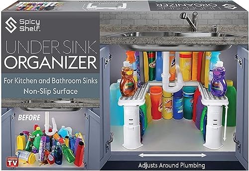 Expandable Under Sink Organizer and Storage I Bathroom Under the Sink Organizer Kitchen Under Sink Shelf I Cleaning Supplies Organizer Under Sink Storage I EXPANDABLE HEIGHT DEPTH & WIDTH by SpicyShelf