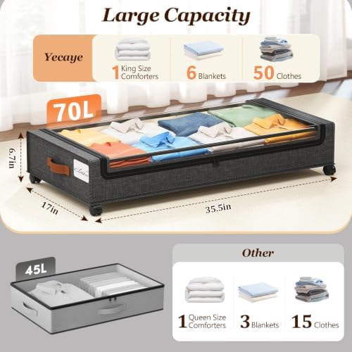 Yecaye 70L Under Bed Storage with Wheels, 2Pack Larger Capacity Under Bed Storage Containers, Underbed Shoe Storage Organizer, Rolling Under Bed Metal Drawers for Shoes, Clothes, Hemp Grey - Image 2