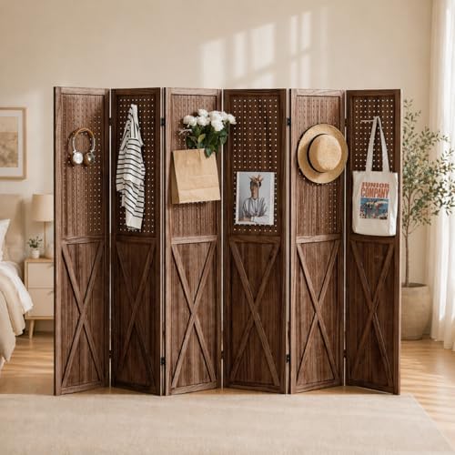 6 Panel Wood Pegboard Room Divider Folding Privacy Screen Brown by ALeesing