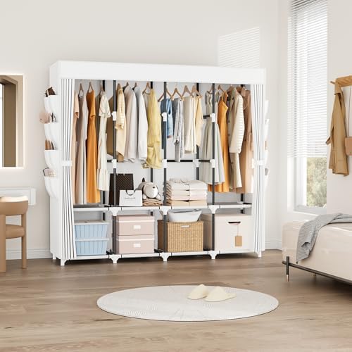 Portable Closet for Hanging Clothes, 67 Inch Wide Portable Wardrobe Closet with Cover, 4 Hanging Rod, Storage Shelves and Side Pockets, Large Free Standing Closet for Bedroom, White - Image 7