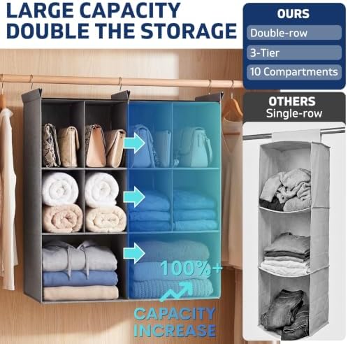 3 Tier Hanging Closet Organizer, 10 Compartments Dual Row Storage, Grey - Image 3