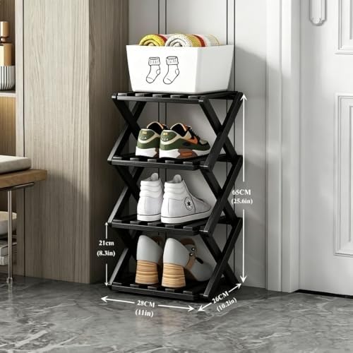 4 Tier Foldable Shoe Rack, Bamboo Vertical Shoe Organizer Tall for Multifunctional Narrow Shoe Shelf for Entryway, Closet, Corner, Bedroom, Hallway(Black) - Image 2