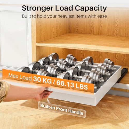 Pull out Cabinet Organizer, 1-Pack Expandable(13.6"-24") Silde out Drawers with Raising Pad for Framed Cabinets, Adjustable Full-Extension Adhesive Roll out Shelves for Kitchen Pantry Home Pot and Pan - Image 4