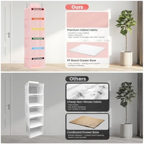 Weekly Clothes Organizer for Kids, 6-Shelf Kid Hanging Closet Organizer w/ 6 Side Pockets, Labeled Weekly Outfit Organizer for Kids, Days of The Week Clothes Organizer Monday Through Friday Pink - Image 5