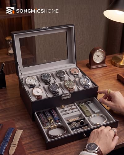 SONGMICS HOME Watch Box, PU Watch Case Organizer with Glass Lid, Removable Pillows, Metal Hardware, Lockable, 8 Slots, Black and Gray - Image 2