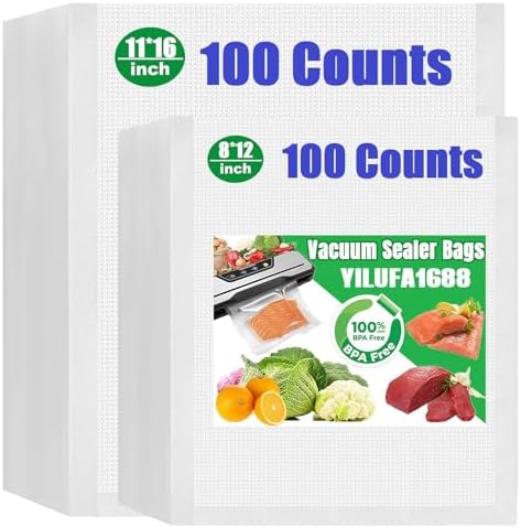 Vacuum Sealer Bags, 200 Pack Mixed Sizes 11"x16"+8"x12, Commercial Grade Airtight Food Bags, 6X Freshness Retention, Universal Fit All Clamp Sealers for Food Storage & Sous Vide Cooking by YILUFA1688